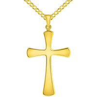 Load image into Gallery viewer, 14k Yellow Gold High Polished Large Simple Religious Cross Pendant With Cable, Curb or Figaro Chain Necklace
