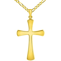 Load image into Gallery viewer, 14k Yellow Gold High Polished Large Simple Religious Cross Pendant With Cable, Curb or Figaro Chain Necklace
