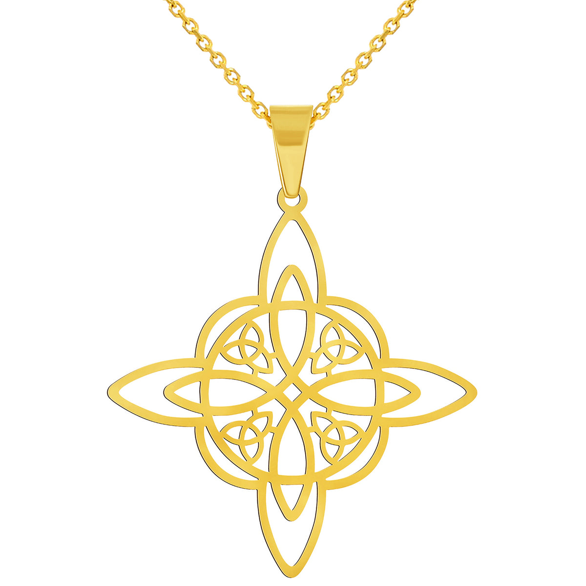 Solid 14k Yellow Gold Large Elegant Witch's Knot Cross Wiccan Symbol Pendant with Rolo Cable, Cuban Curb, or Figaro Chain Necklace