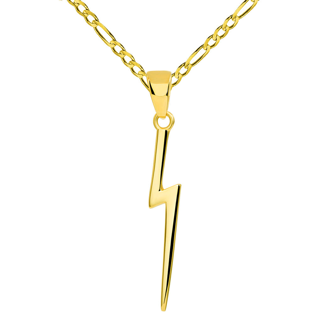 Solid 14k Yellow Gold Lightning Bolt Pendant with Figaro Chain Necklace