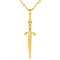 Load image into Gallery viewer, Solid 14k Yellow Gold Long Dagger Sword Pendant with Cable, Curb, or Figaro Chain Necklaces
