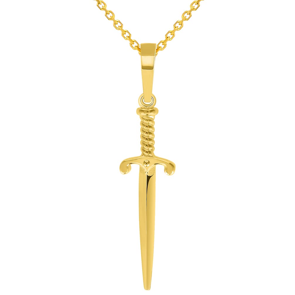 Solid 14k Yellow Gold Long Dagger Sword Pendant with Cable, Curb, or Figaro Chain Necklaces