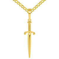 Load image into Gallery viewer, Solid 14k Yellow Gold Long Dagger Sword Pendant with Cable, Curb, or Figaro Chain Necklaces

