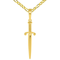 Load image into Gallery viewer, Solid 14k Yellow Gold Long Dagger Sword Pendant with Cable, Curb, or Figaro Chain Necklaces
