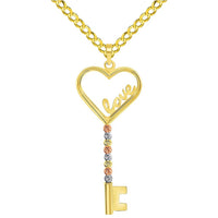 Load image into Gallery viewer, 14k Tri-Color Gold Love Written Open Heart Beaded Key Pendant with Cable, Curb or Figaro Chain Necklace
