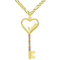 Load image into Gallery viewer, 14k Tri-Color Gold Love Written Open Heart Beaded Key Pendant with Cable, Curb or Figaro Chain Necklace
