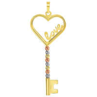 Load image into Gallery viewer, 14k Tri-Color Gold Love Written Open Heart Beaded Key Pendant with Cable, Curb or Figaro Chain Necklace
