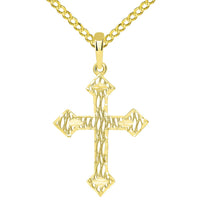 Load image into Gallery viewer, 14k Yellow Gold Medium Textured Filigree Catholic Cross Pendant with Cuban Necklace
