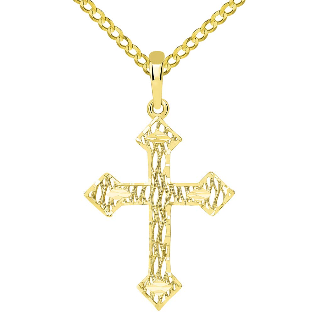 14k Yellow Gold Medium Textured Filigree Catholic Cross Pendant with Cuban Necklace