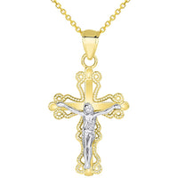 Load image into Gallery viewer, 14k Two Tone Gold Milgrain-Edged Religious Cross Small Crucifix Pendant Necklace
