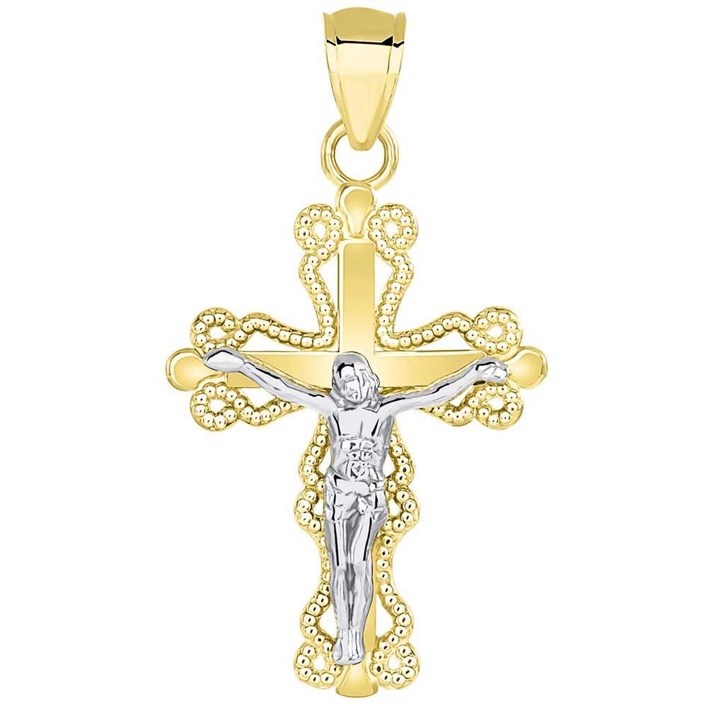 14k Two Tone Gold Milgrain-Edged Religious Cross Small Crucifix Pendant