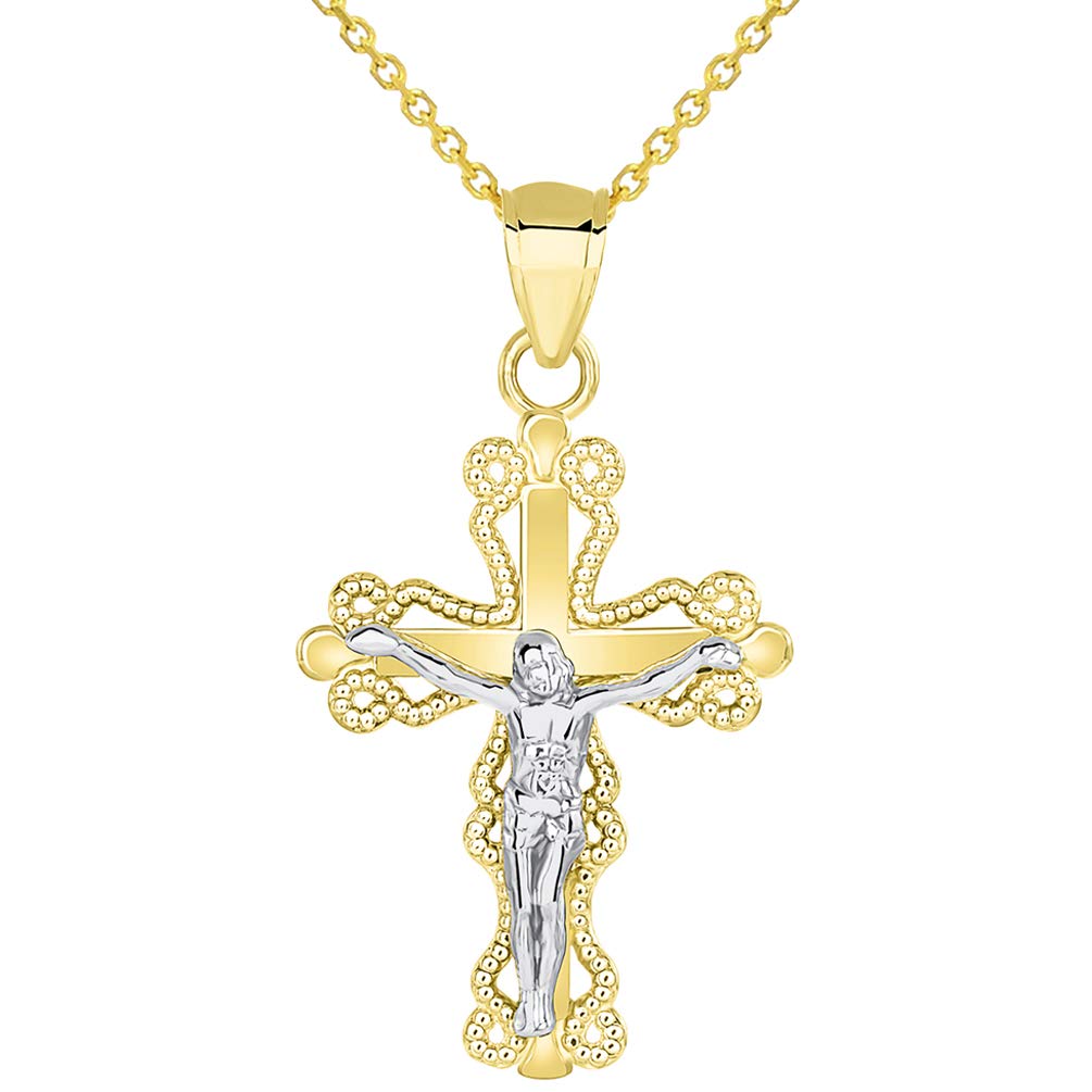 14k Two Tone Gold Milgrain-Edged Religious Cross Small Crucifix Pendant Necklace