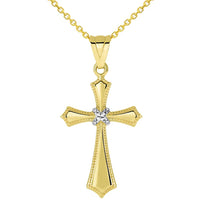 Load image into Gallery viewer, 14k Yellow Gold Milgrain Edged Religious Cross Pendant with Rolo, Curb, or Figaro Chain Necklaces
