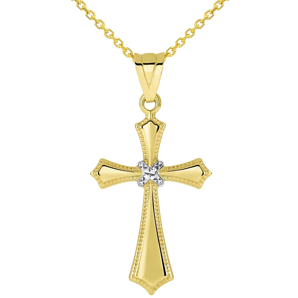14k Yellow Gold Milgrain Edged Religious Cross Pendant with Rolo, Curb, or Figaro Chain Necklaces