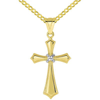 Load image into Gallery viewer, 14k Yellow Gold Milgrain Edged Religious Cross Pendant with Rolo, Curb, or Figaro Chain Necklaces
