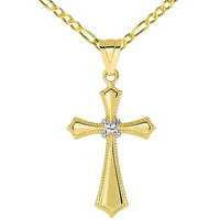 Load image into Gallery viewer, 14k Yellow Gold Milgrain Edged Religious Cross Pendant with Rolo, Curb, or Figaro Chain Necklaces

