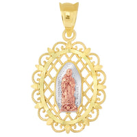 Load image into Gallery viewer, 14k Yellow and Rose Gold Milgrain Ornate Our Lady of Guadalupe Charm Oval Pendant

