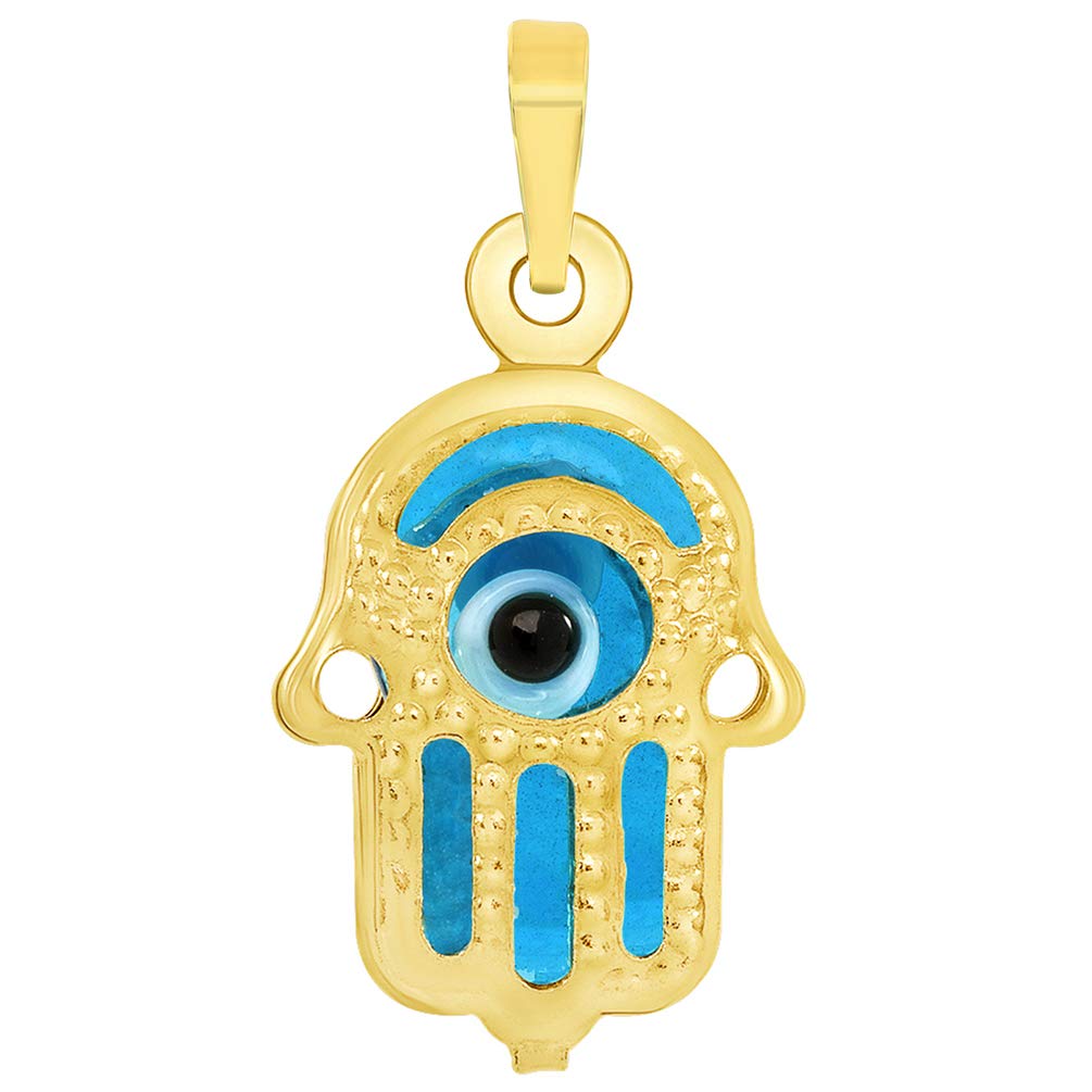 14k Gold Mini Blue Evil Eye Hamsa Hand Charm Pendant - Yellow Gold
