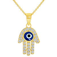 Load image into Gallery viewer, Solid 14k Yellow Gold Mini Cubic-Zirconia Blue Evil Eye Hamsa Hand Pendant Available with Rolo Cable, Cuban Curb, or Figaro Chain Necklaces
