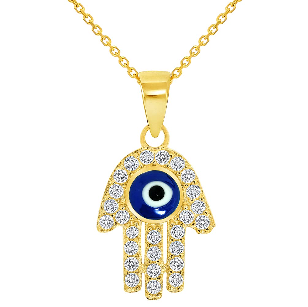 Solid 14k Yellow Gold Mini Cubic-Zirconia Blue Evil Eye Hamsa Hand Pendant Available with Rolo Cable, Cuban Curb, or Figaro Chain Necklaces