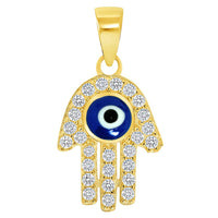 Load image into Gallery viewer, Solid 14k Yellow Gold Mini Cubic-Zirconia Blue Evil Eye Hamsa Hand Pendant Available with Rolo Cable, Cuban Curb, or Figaro Chain Necklaces
