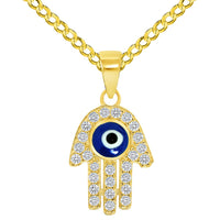 Load image into Gallery viewer, Solid 14k Yellow Gold Mini Cubic-Zirconia Blue Evil Eye Hamsa Hand Pendant Available with Rolo Cable, Cuban Curb, or Figaro Chain Necklaces

