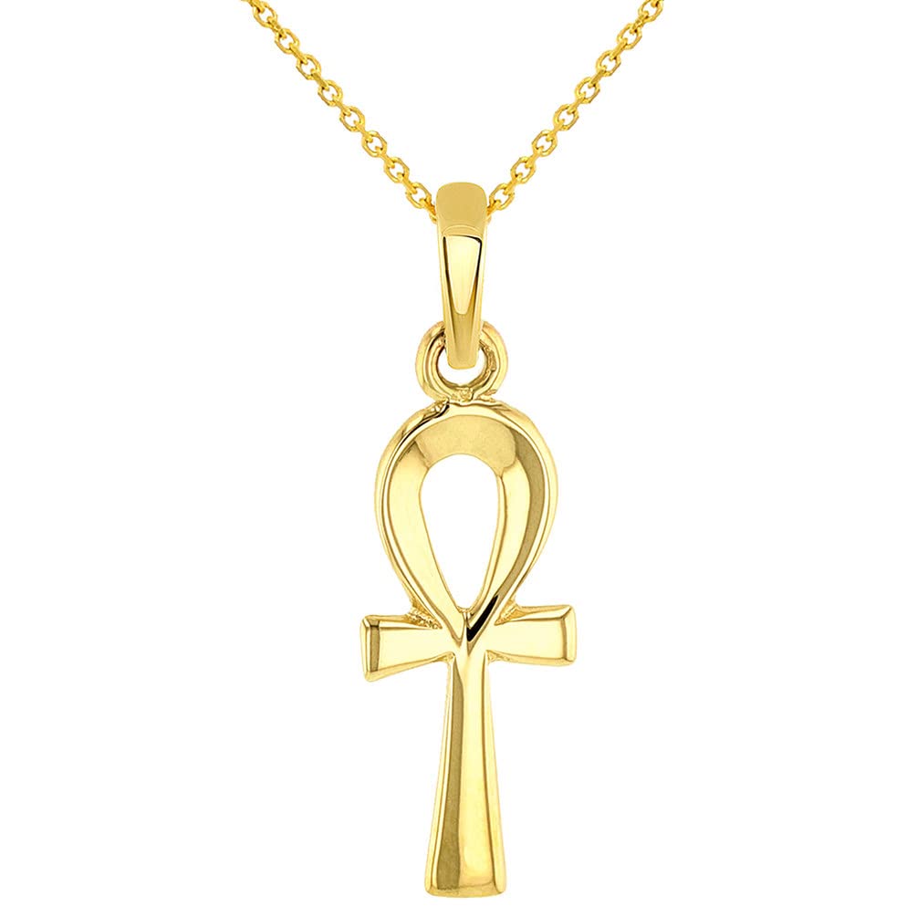 Solid 14k Yellow Gold Mini Dainty Egyptian Ankh Cross Charm Pendant with Chain Necklace