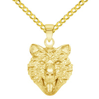 Load image into Gallery viewer, 14k Yellow Gold Mini Wolf Head Charm Animal Pendant with Cuban Curb Chain Necklace
