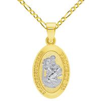 Load image into Gallery viewer, Solid 14k Yellow Gold Small Classic Miraculous Medallion of St. Christopher Pendant with Cable, Curb, or Figaro Chain Necklaces
