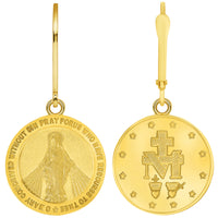 Load image into Gallery viewer, Solid 14k Yellow Gold Classic Miraculous Medallion of the Virgin Mary Dangle Drop Earrings with Leverback
