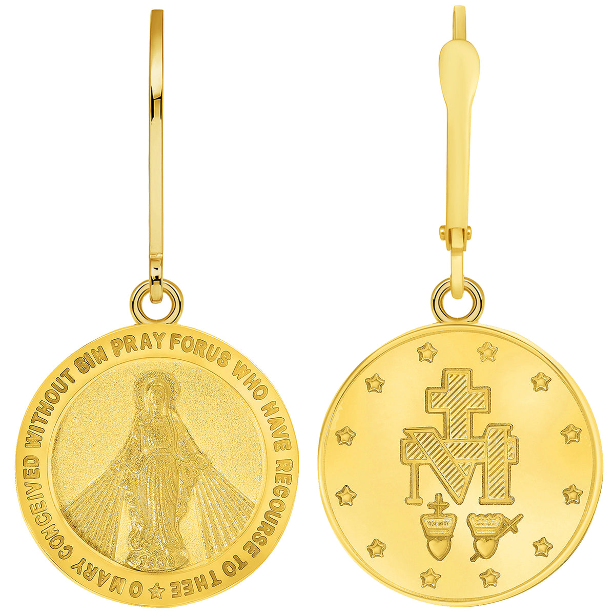 Solid 14k Yellow Gold Classic Miraculous Medallion of the Virgin Mary Dangle Drop Earrings with Leverback
