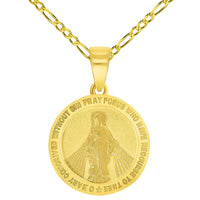 Load image into Gallery viewer, Solid 14k Yellow Gold Small Classic Miraculous Medallion of the Virgin Mary Pendant with Cable, Curb or Figaro Chain Necklace
