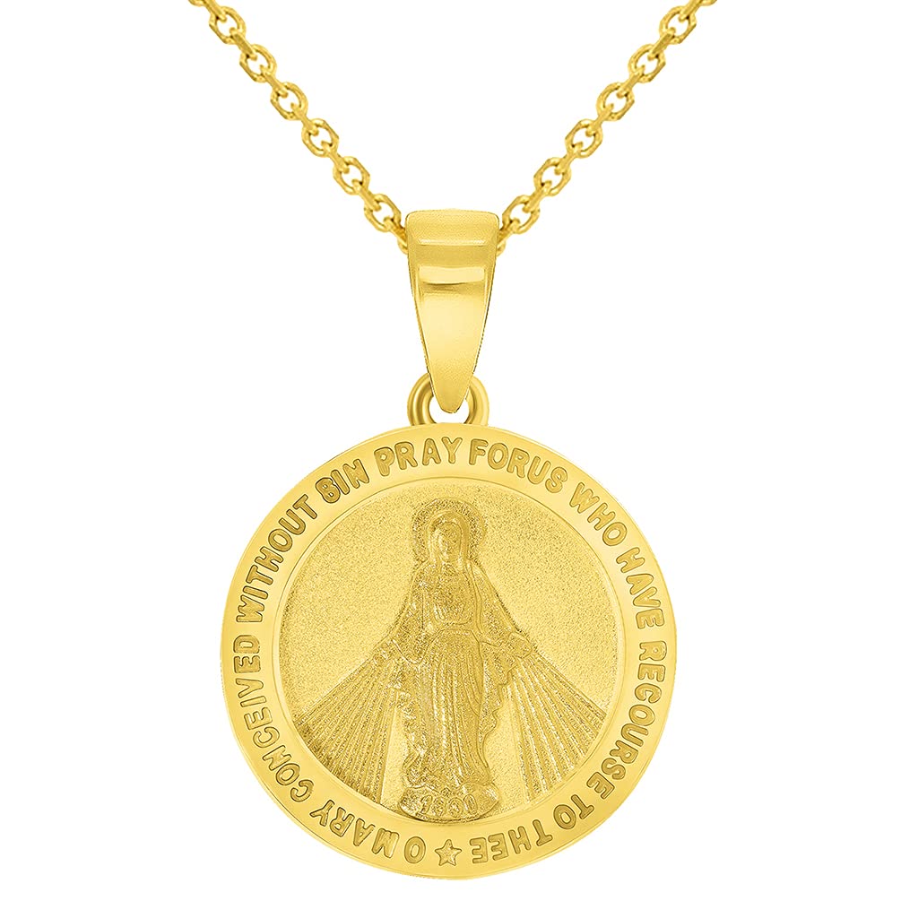 Solid 14k Yellow Gold Small Classic Miraculous Medallion of the Virgin Mary Pendant Necklace