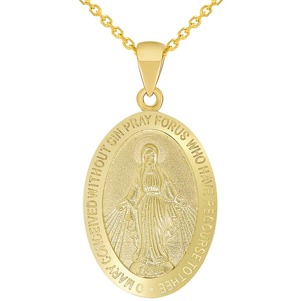 Solid 14k Yellow Gold Small Classic Miraculous Medallion of the Virgin Mary Pendant with Cable Chain Necklace