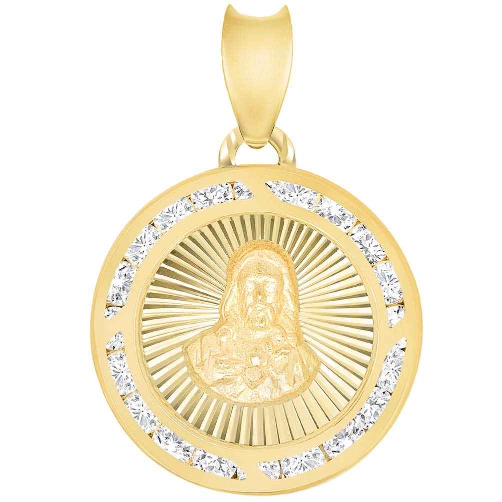 14k Yellow Gold Most Sacred Heart of Jesus Round Medal Pendant with Cubic Zirconia