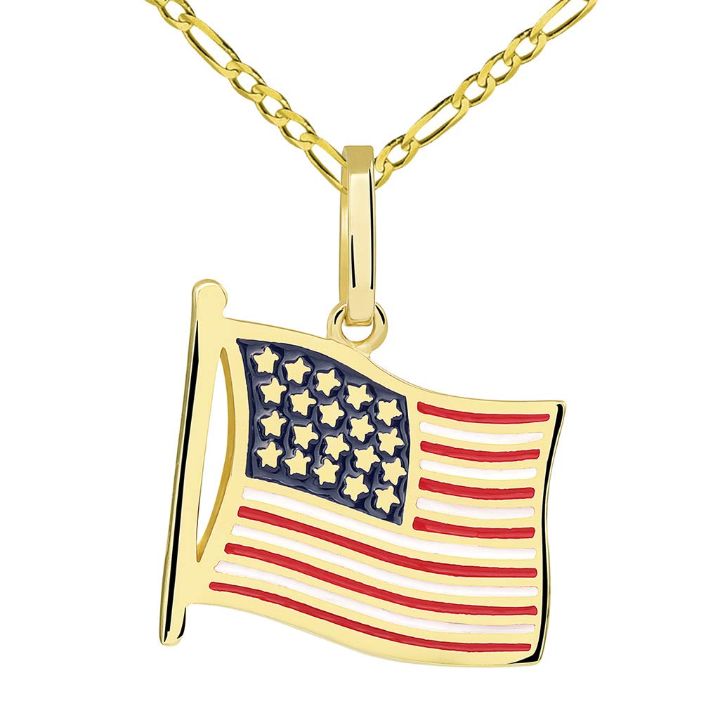 14k Gold National Flag of the United States of America Pendant with Figaro Necklace - Yellow Gold