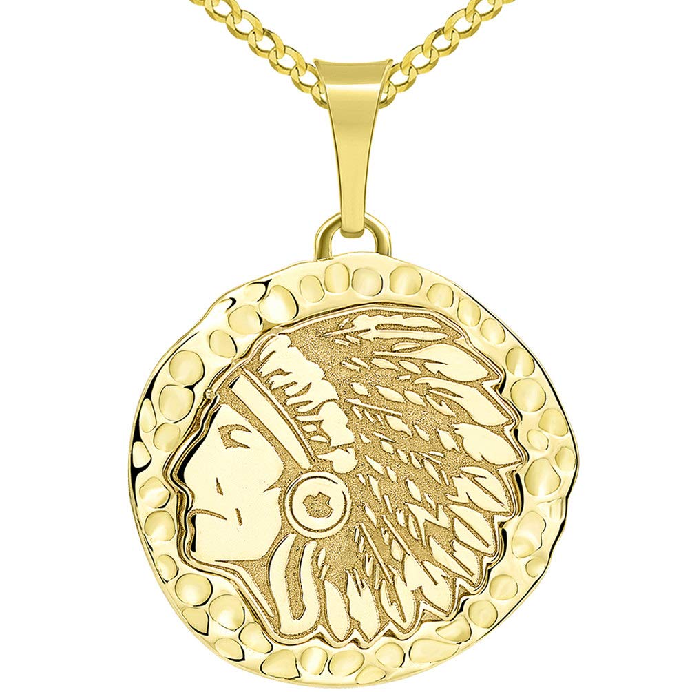14k Gold Hand Engraved Native American Chief Indian Head Round Pendant with Cuban Chain Necklace - Yellow Gold