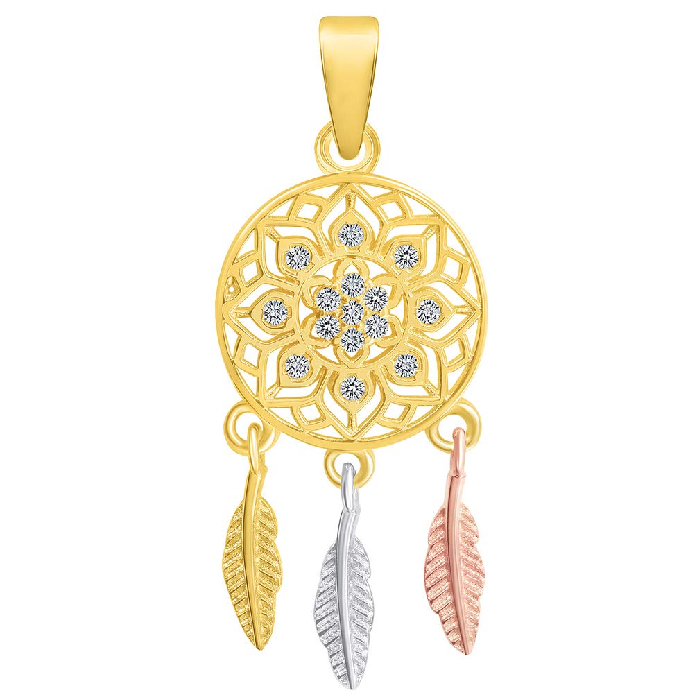 14k Yellow Gold Native American Tri-Tone Dreamcatcher Pendant