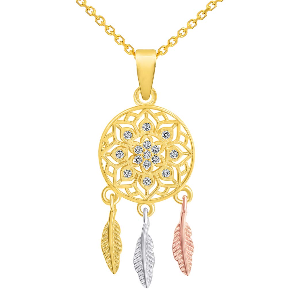 14k Yellow Gold  Native American Tri-Tone Dreamcatcher Pendant Necklace