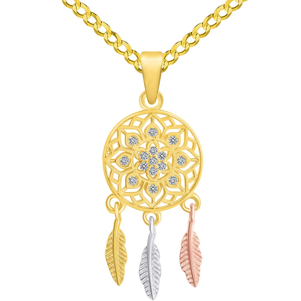 14k Yellow Gold Native American Tri-Tone Dreamcatcher Pendant with Cuban Curb Chain Necklace