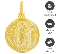 Load image into Gallery viewer, 14k Yellow Gold Nuestra Senora De Guadalupe Round Medal Pendant with Cable, Cuban Curb, or Figaro Chain Necklaces
