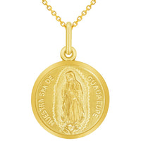 Load image into Gallery viewer, 14k Yellow Gold Nuestra Senora De Guadalupe Round Medal Pendant with Cable, Cuban Curb, or Figaro Chain Necklaces
