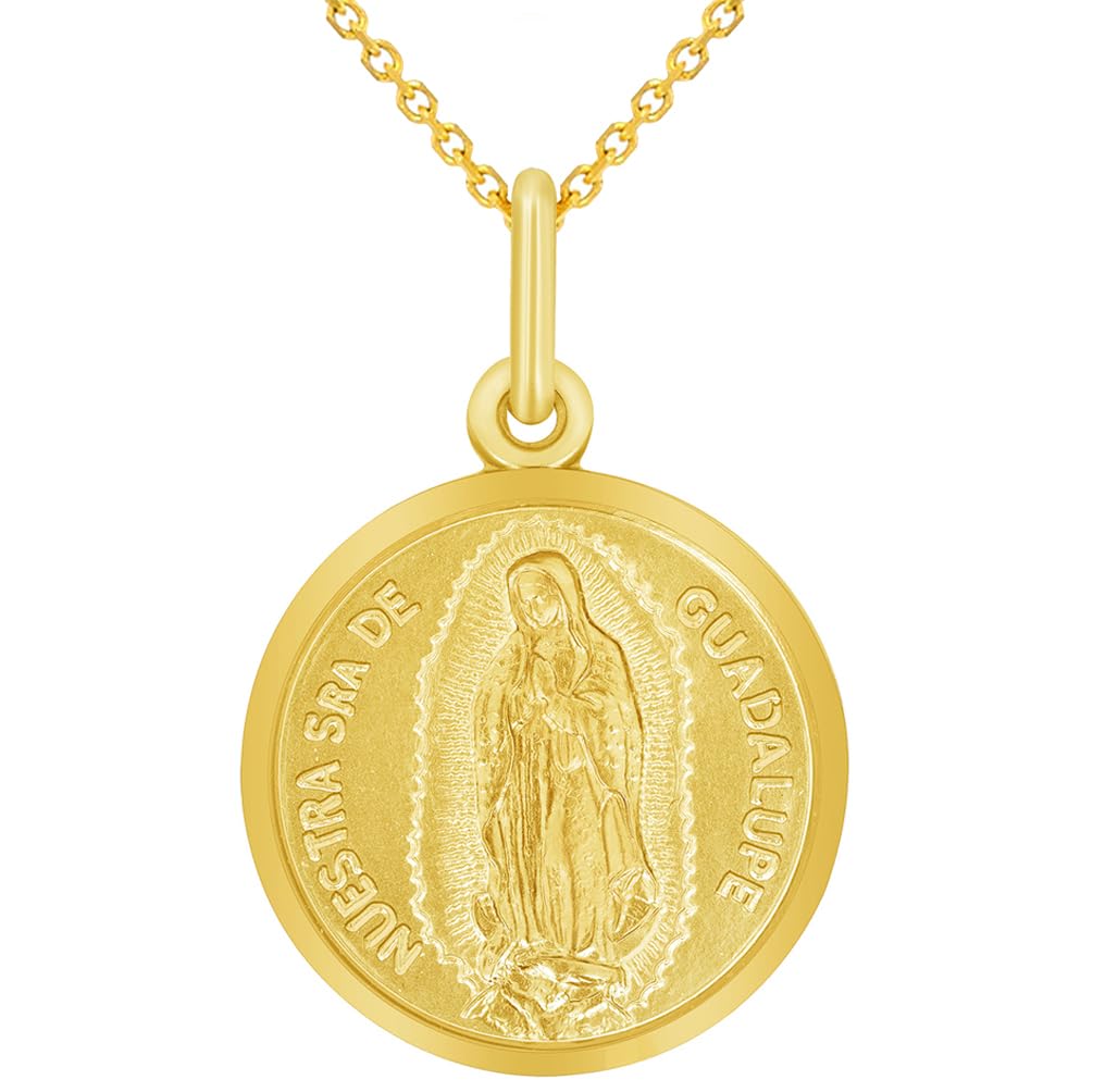 14k Yellow Gold Nuestra Senora De Guadalupe Round Medal Pendant with Cable, Cuban Curb, or Figaro Chain Necklaces