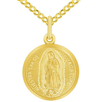 Load image into Gallery viewer, 14k Yellow Gold Nuestra Senora De Guadalupe Round Medal Pendant with Cable, Cuban Curb, or Figaro Chain Necklaces
