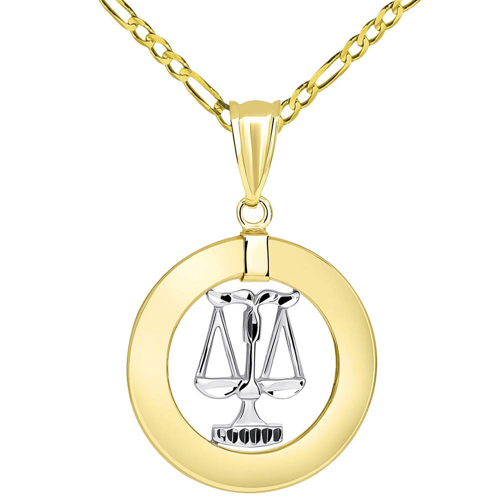 14k Gold Open Circle Libra Zodiac Sign Pendant Figaro Necklace - Two-Tone Gold