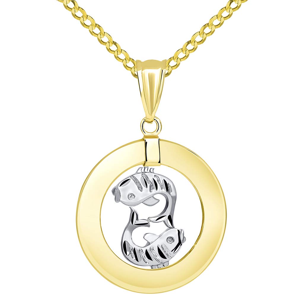 14k Gold Open Circle Pisces Zodiac Sign Pendant Cuban Necklace - Two-Tone Gold