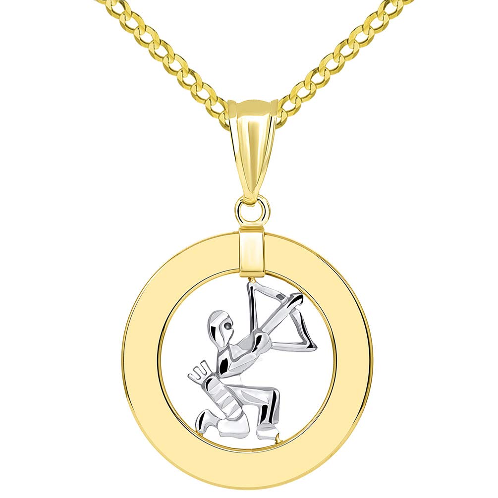 14k Gold Open Circle Sagittarius Zodiac Sign Pendant Cuban Necklace - Two-Tone Gold