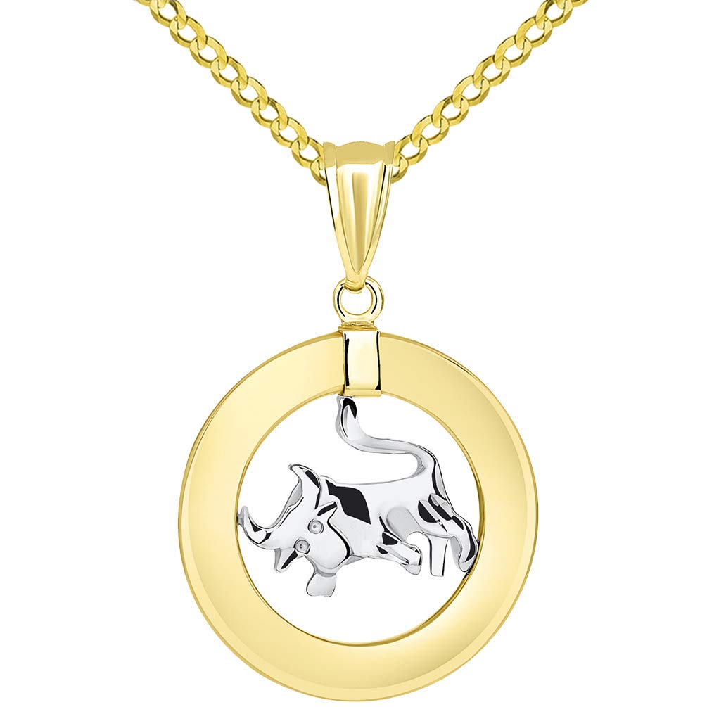 14k Gold Open Circle Taurus Zodiac Sign Pendant Cuban Necklace - Two-Tone Gold