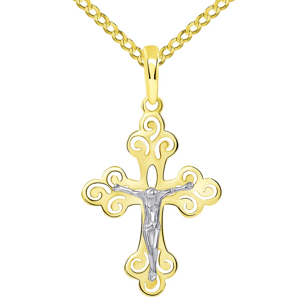 14k Two-Tone Gold Open Filigree Orthodox Cross Christian Crucifix Pendant with Cuban Necklace