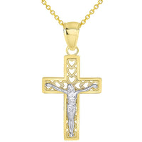 Load image into Gallery viewer, 14k Yellow Gold Open Heart Christian Cross Two Tone Crucifix Pendant Necklace

